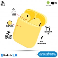 Fone de Ouvido sem Fio Bluetooth v5.0 TWS com Base Carregadora Tom Pastel Inpods 12 - Amarelo